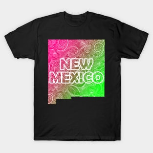 Colorful mandala art map of New Mexico with text in pink and green T-Shirt